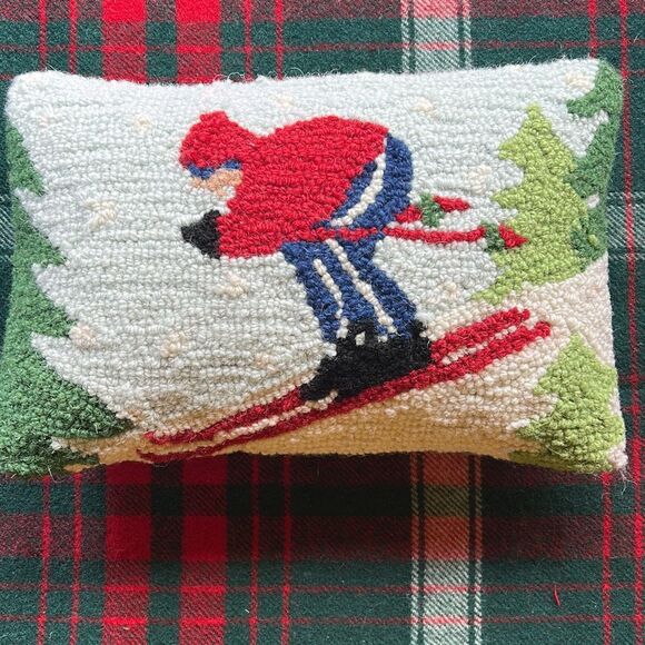 Peking Downhill Winter Skier Hooked Wool Pillow 8x12” - Picture 1 of 6